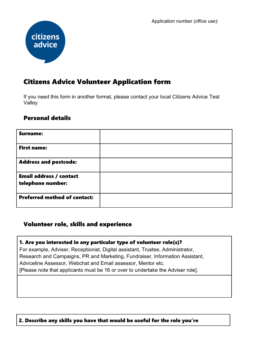 Citizens Advice Volunteer Application Form