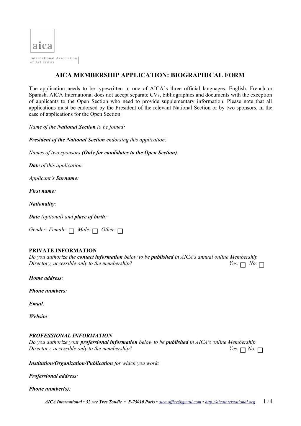 Aica Membership Application: Biographical Form
