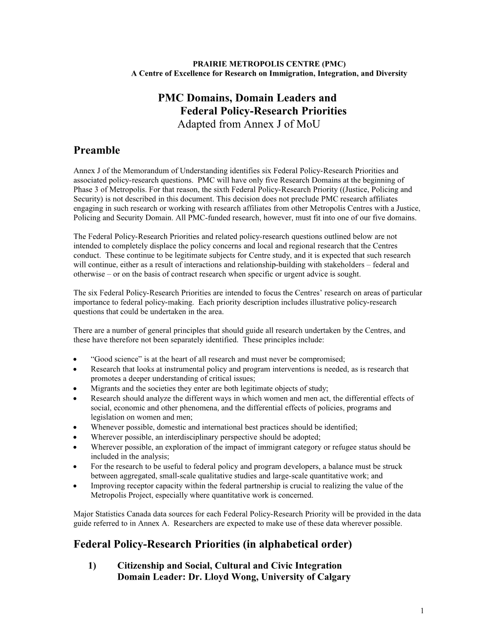 PMC Domains, Domain Leaders and Federal Policy-Research Priorities