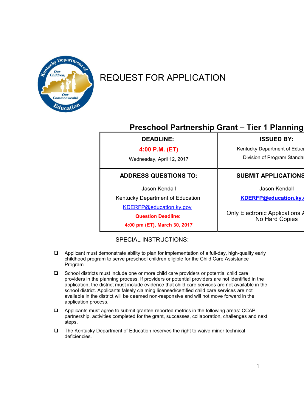 Preschool Partnership Grant Tier 1 Planning Request for Application