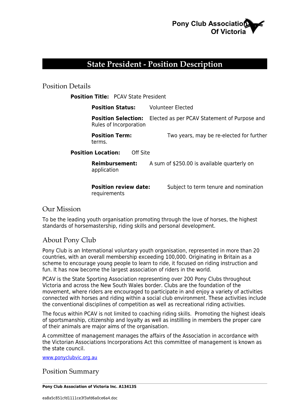 PCAV State President Position Description