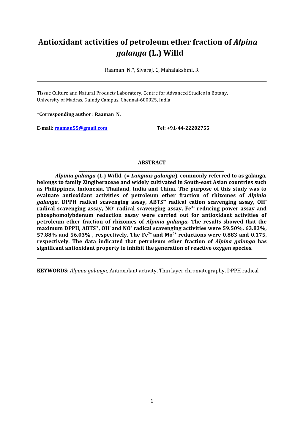 Antioxidant Activities of Petroleum Ether Fraction of Alpina Galanga (L.) Willd