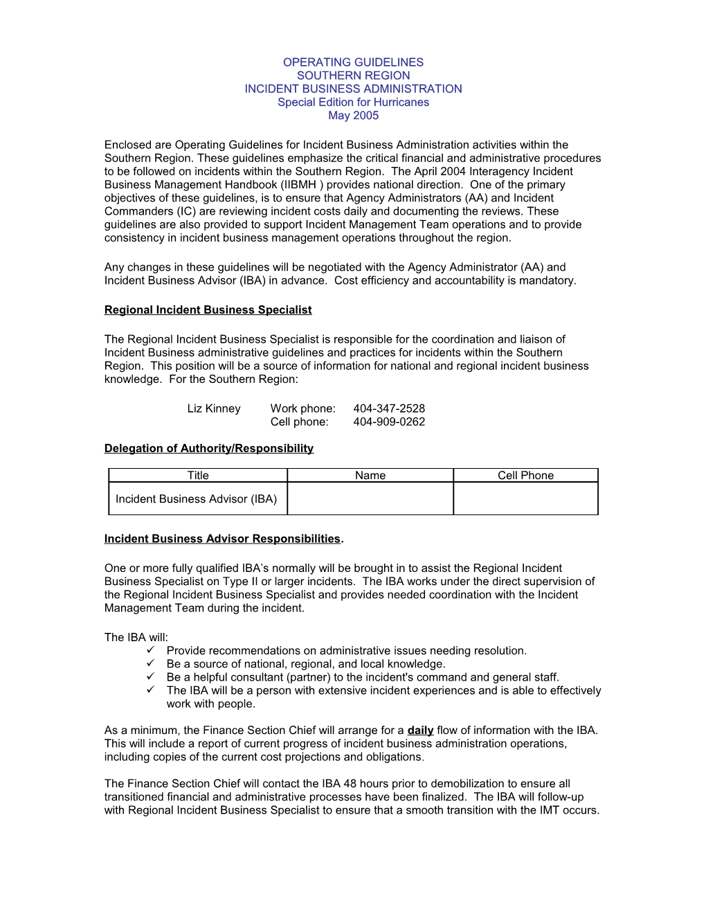 Hurricane Southern Region Operating Guidelines