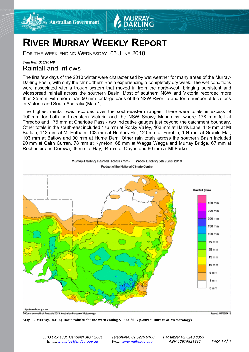 River Murray Operations Weekly Report 05 June 2013