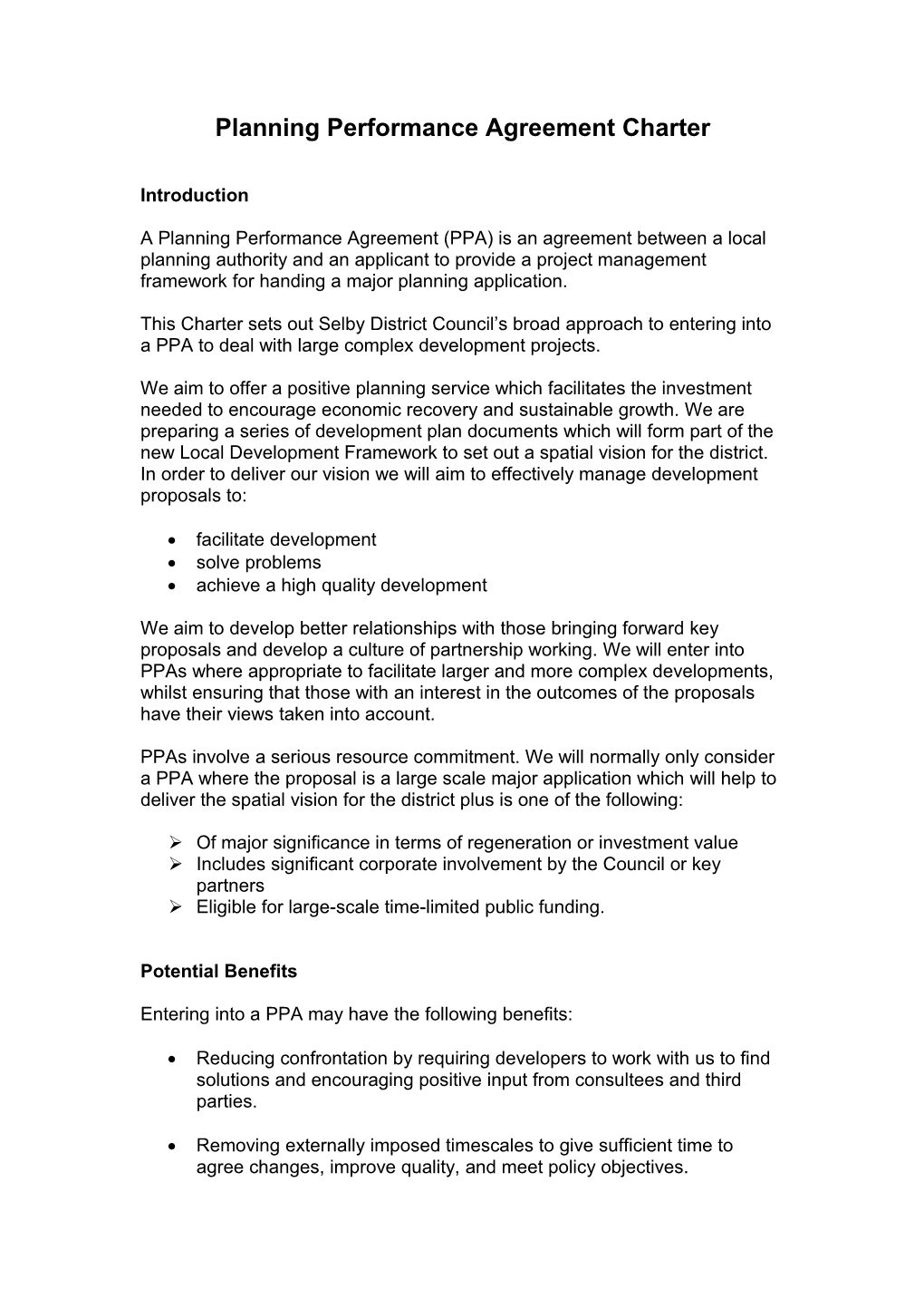 Planning Performance Agreement Charter