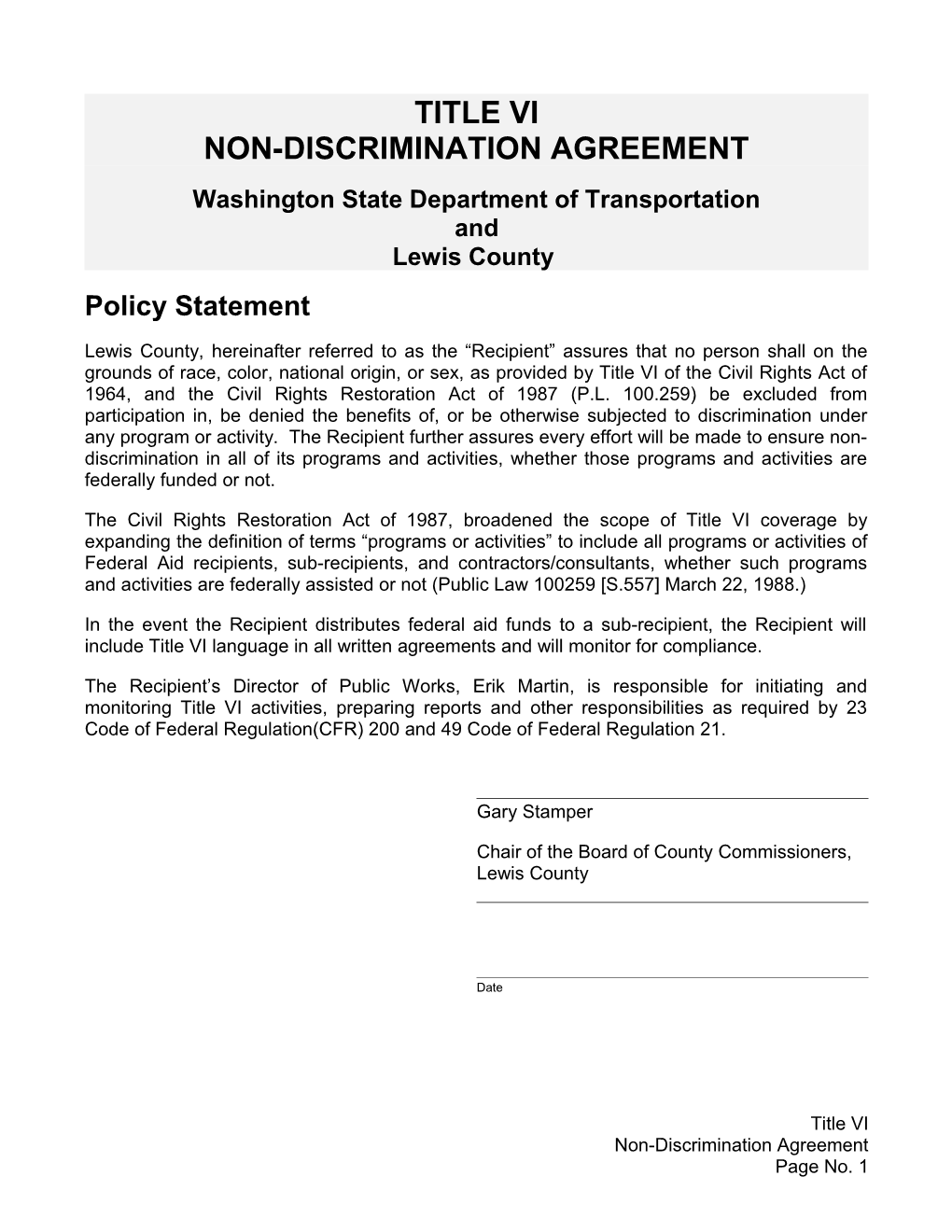 Title VI Non-Discrimination Agreement