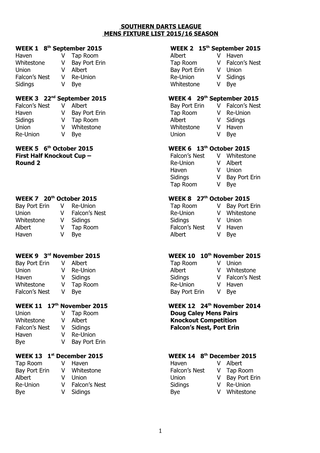 Mens Fixture List 2015/16 Season