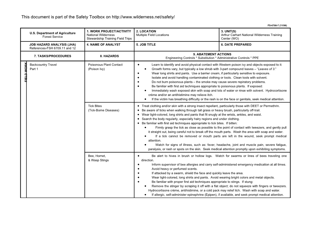 Job Hazard Analysis - Training Field Trips