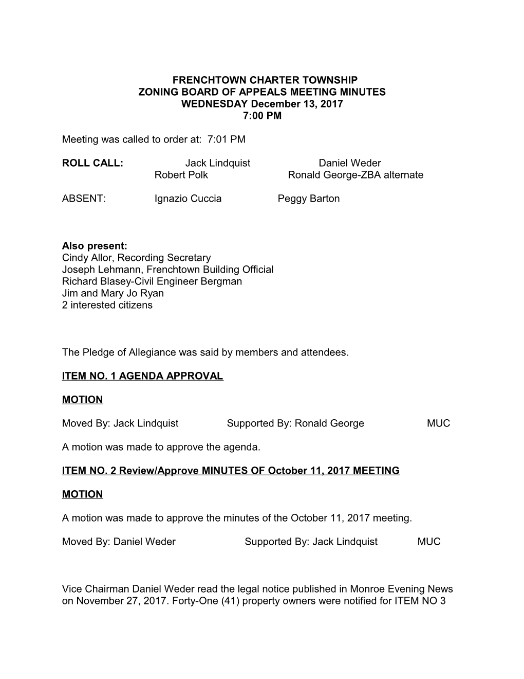 Zoning Board of Appeals Meeting Minutes