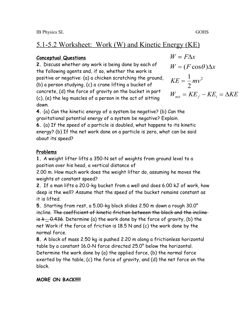 5.1-5.2 Worksheet: Work (W) and Kinetic Energy (KE)