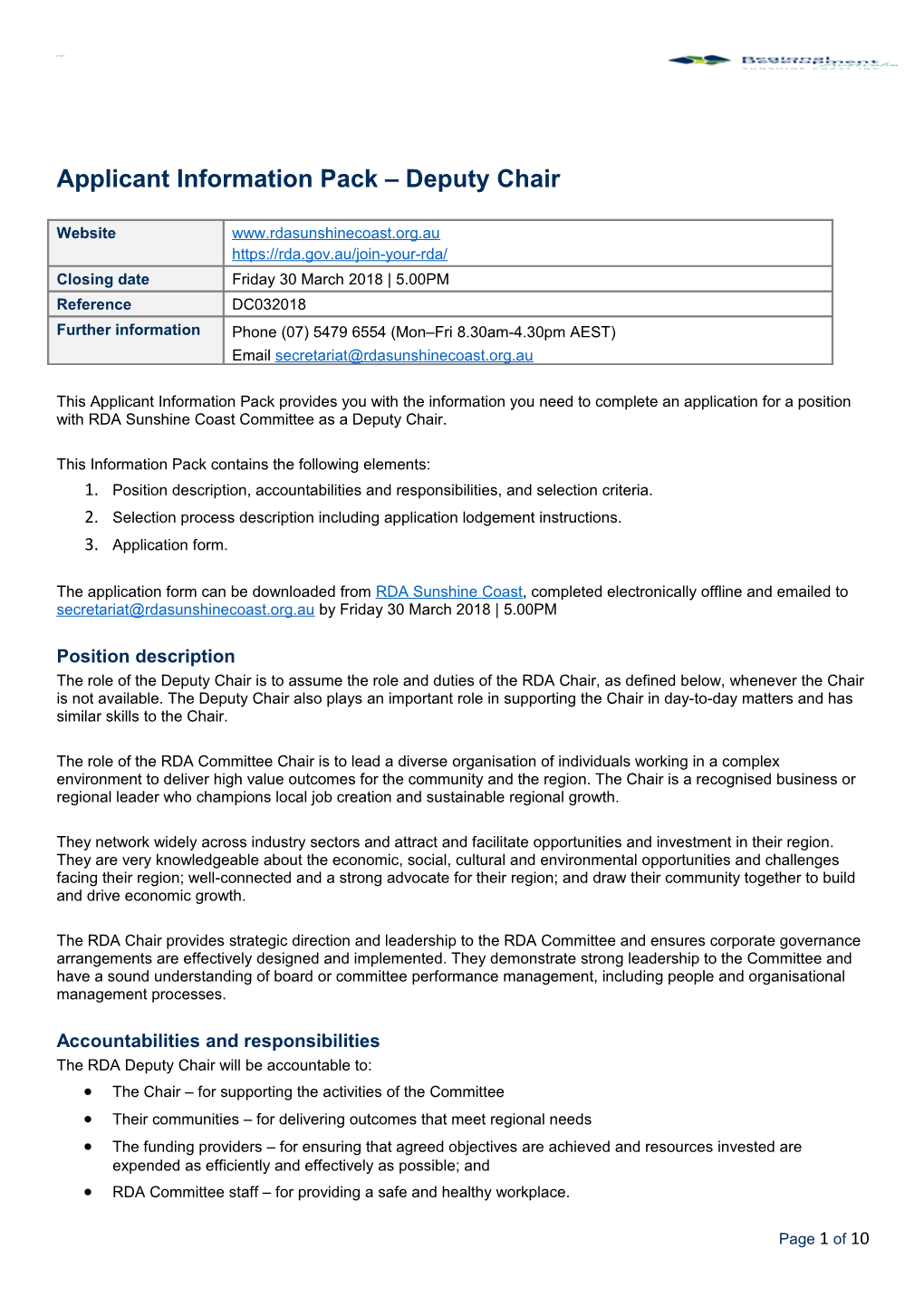 Applicant Information Pack Deputy Chair