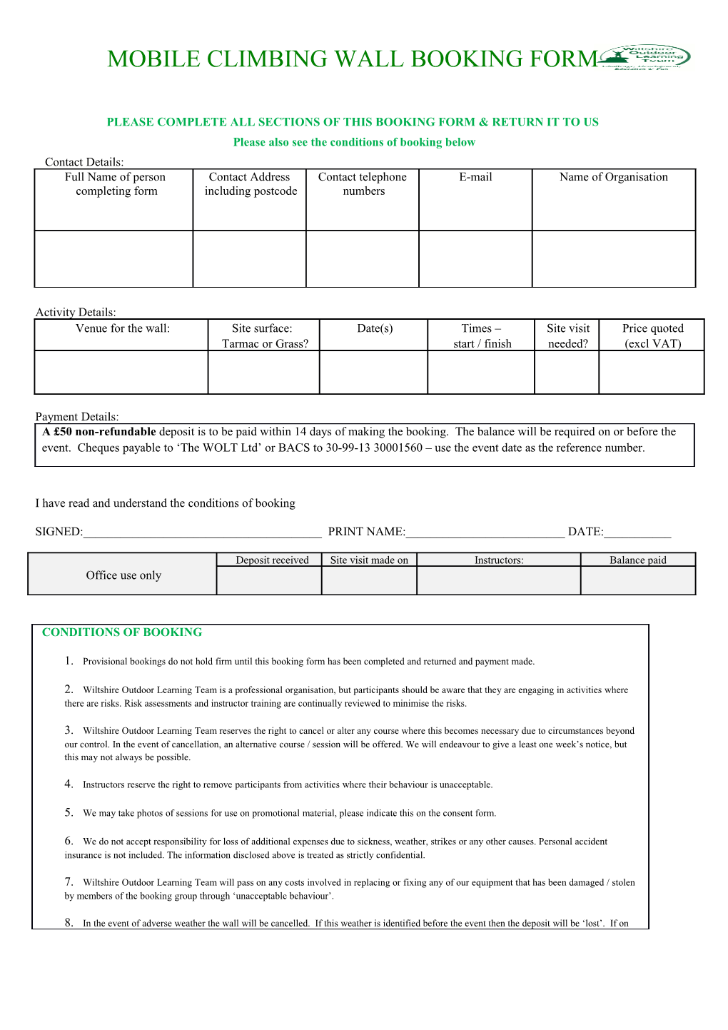 Please Complete All Sections of This Booking Form & Return It to Us