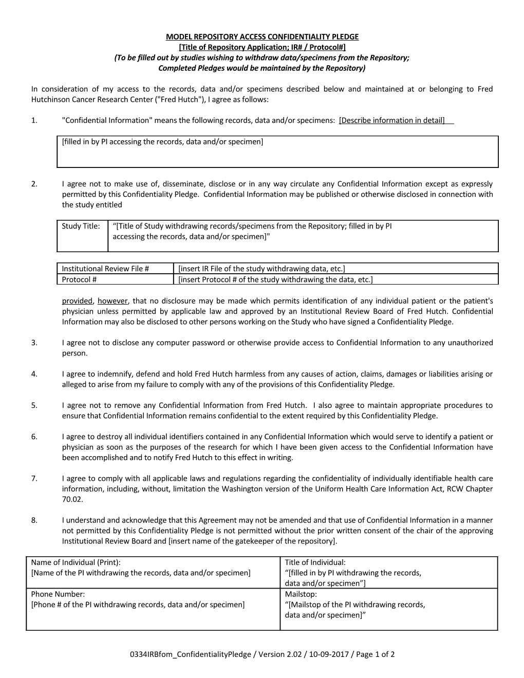 IRB Form Model Repository Access Confidentiality Pledge