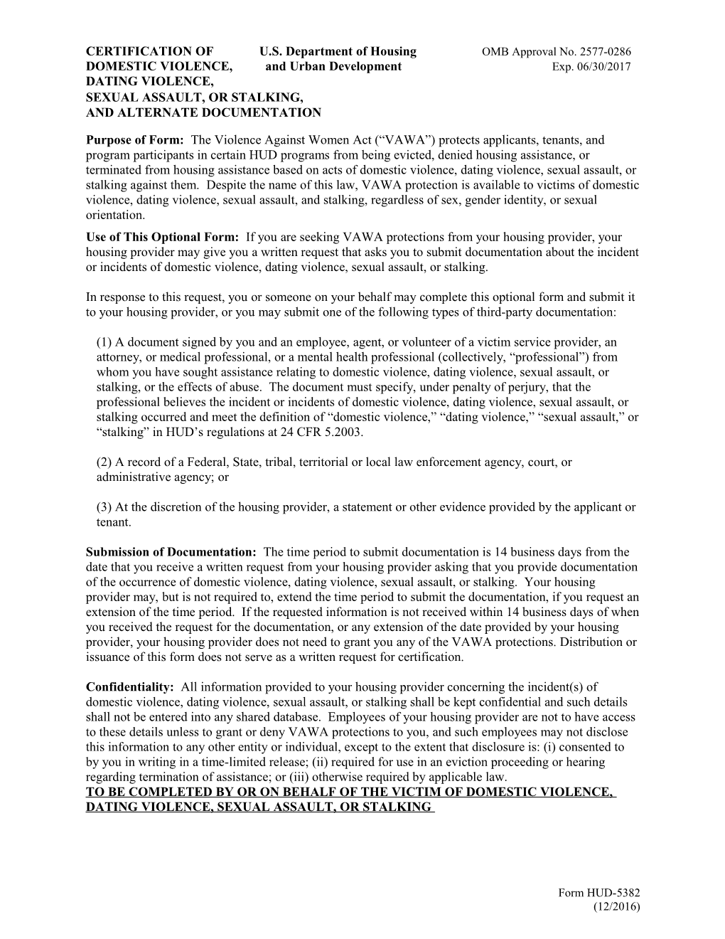 CERTIFICATION of U.S. Department of Housing OMB Approval No. 2577-0286
