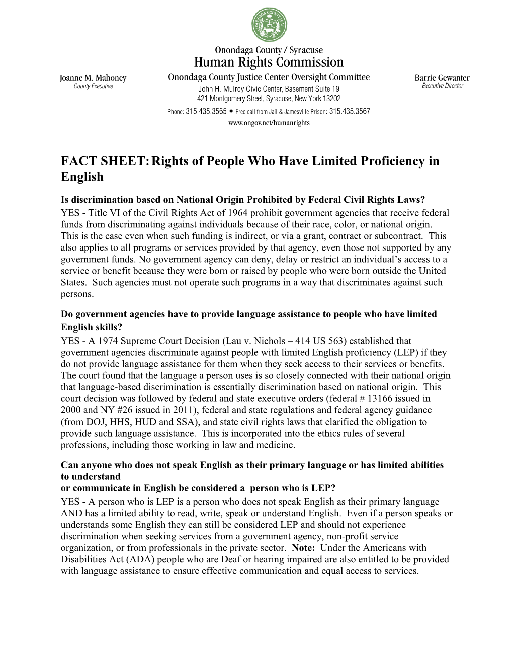FACT SHEET:Rights of People Who Have Limited Proficiency in English
