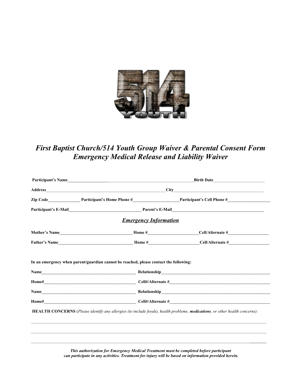 Youth Group Waiver & Parental Consent Form
