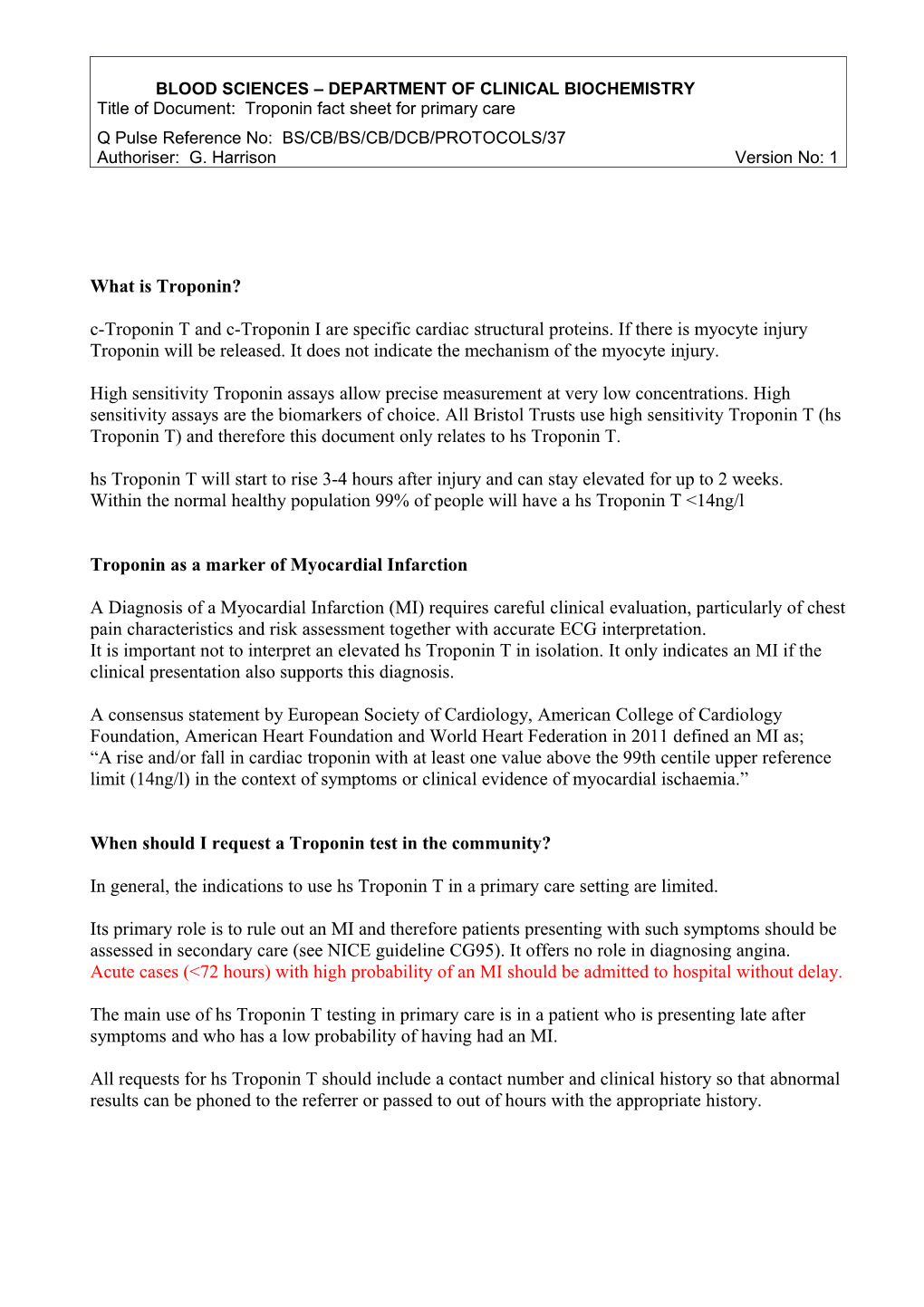 Title of Document: Troponin Fact Sheet for Primary Care