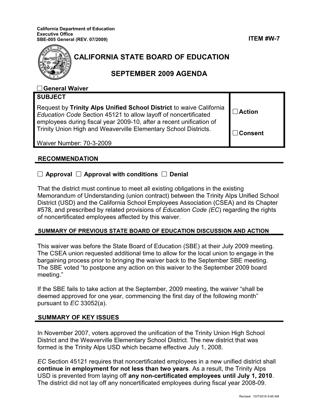 September 2009 Waiver Item W7 - Meeting Agendas (CA State Board of Education)