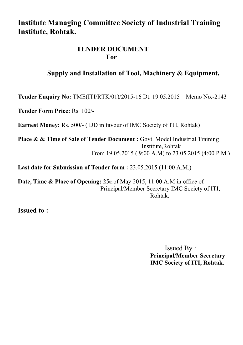 Supply and Installation of Tool, Machinery & Equipment