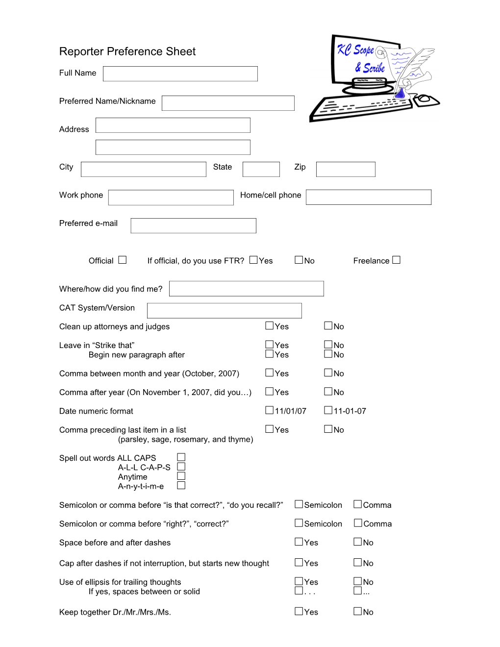 Reporter Preference Sheet