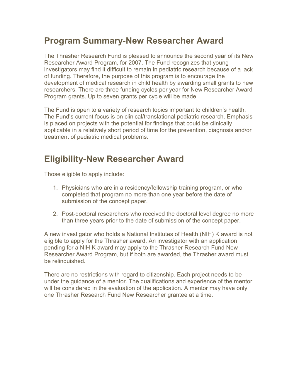 Program Summary-New Researcher Award
