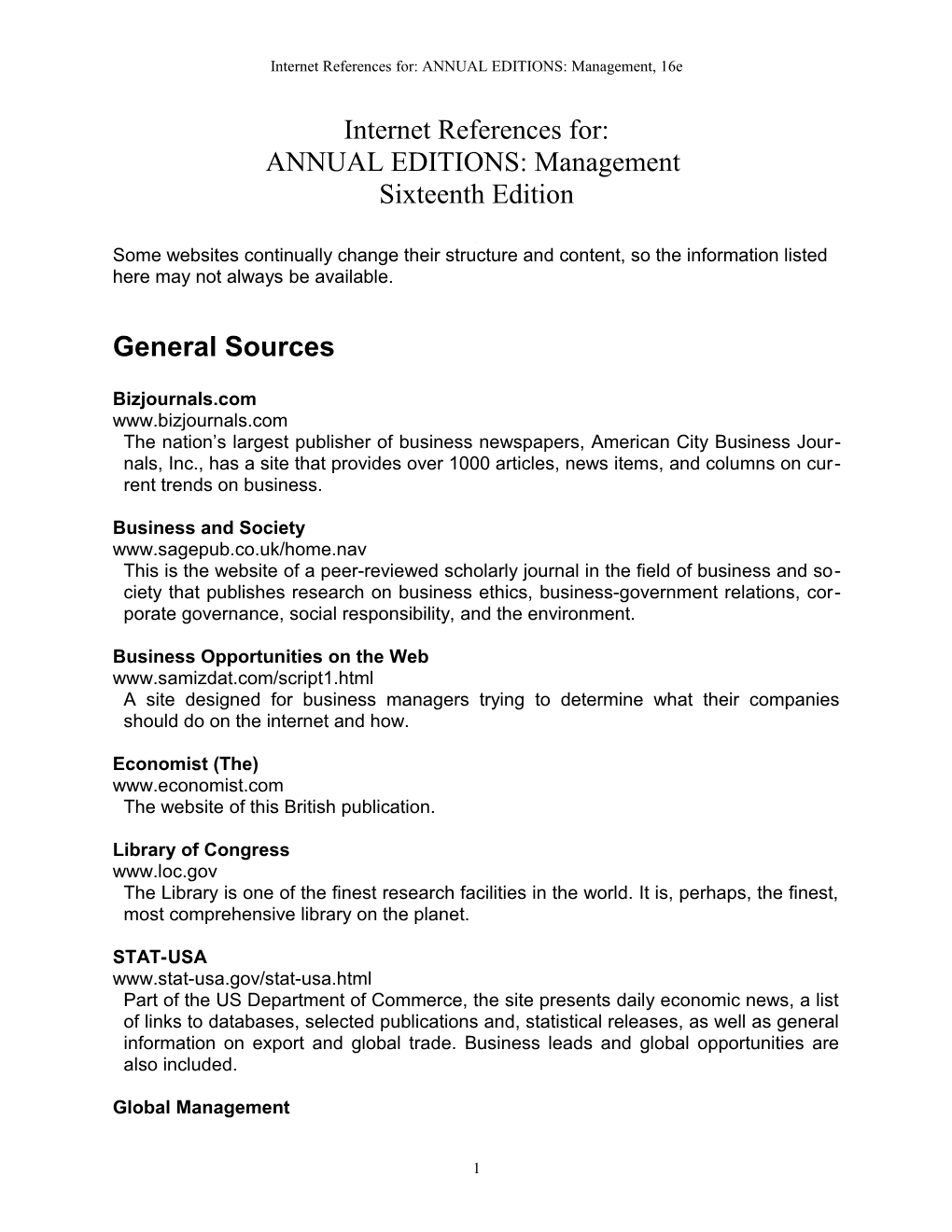 Internet References For: ANNUAL EDITIONS: Management, 16E