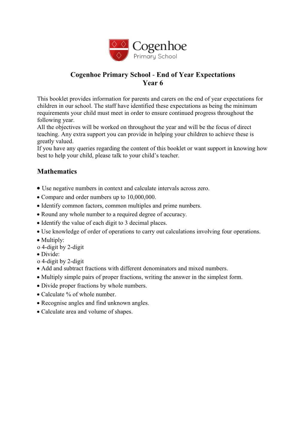 Cogenhoe Primary School - End of Year Expectations
