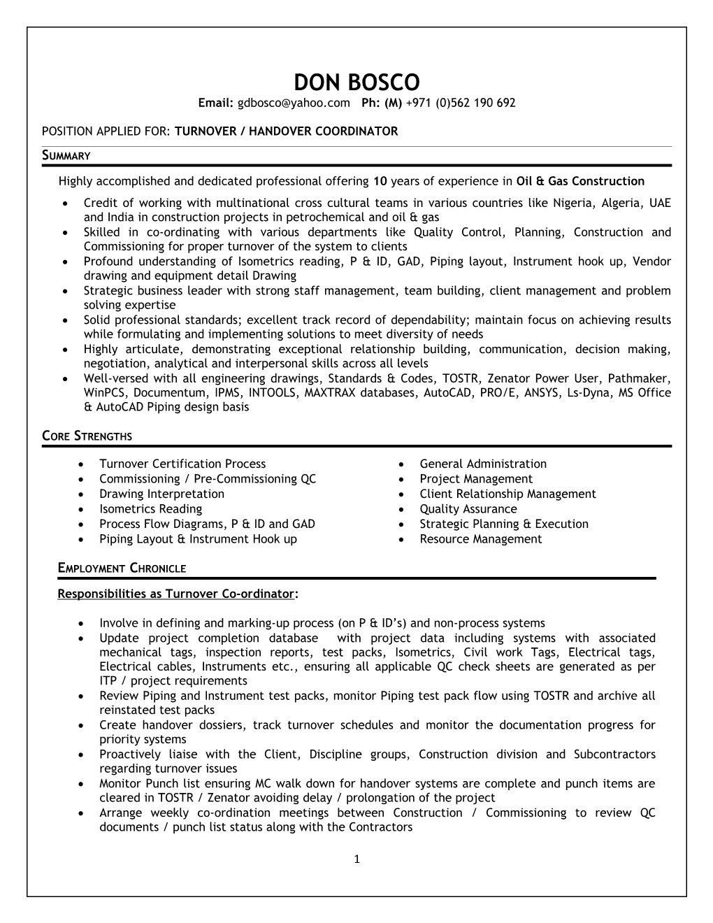 Position Applied For: Turnover / Handover Coordinator