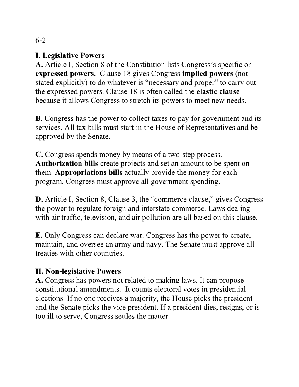 I. Legislative Powers