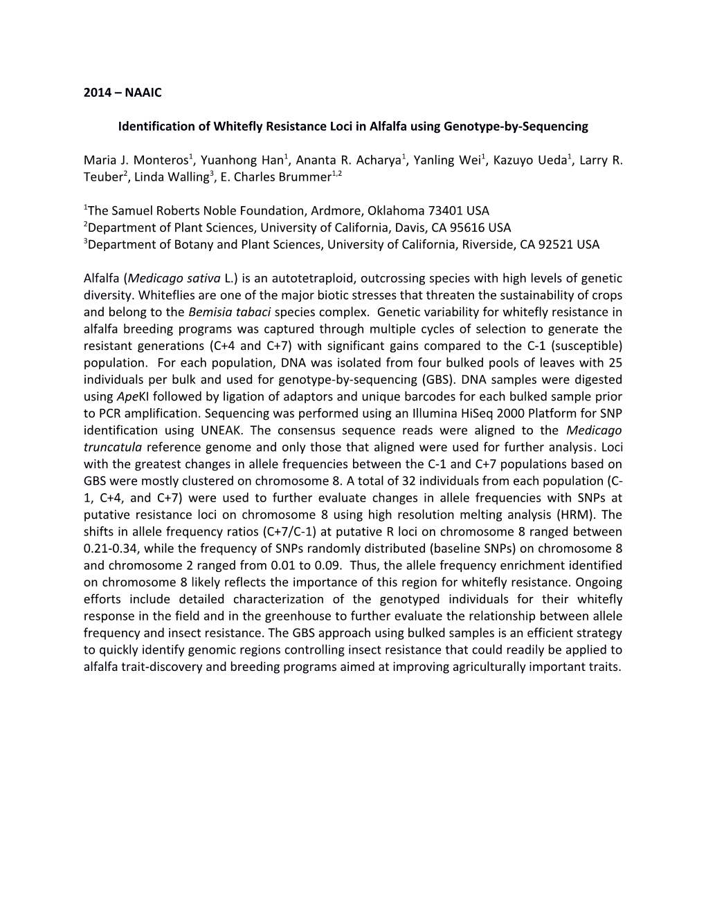 Identification of Whiteflyresistance Loci in Alfalfa Using Genotype-By-Sequencing