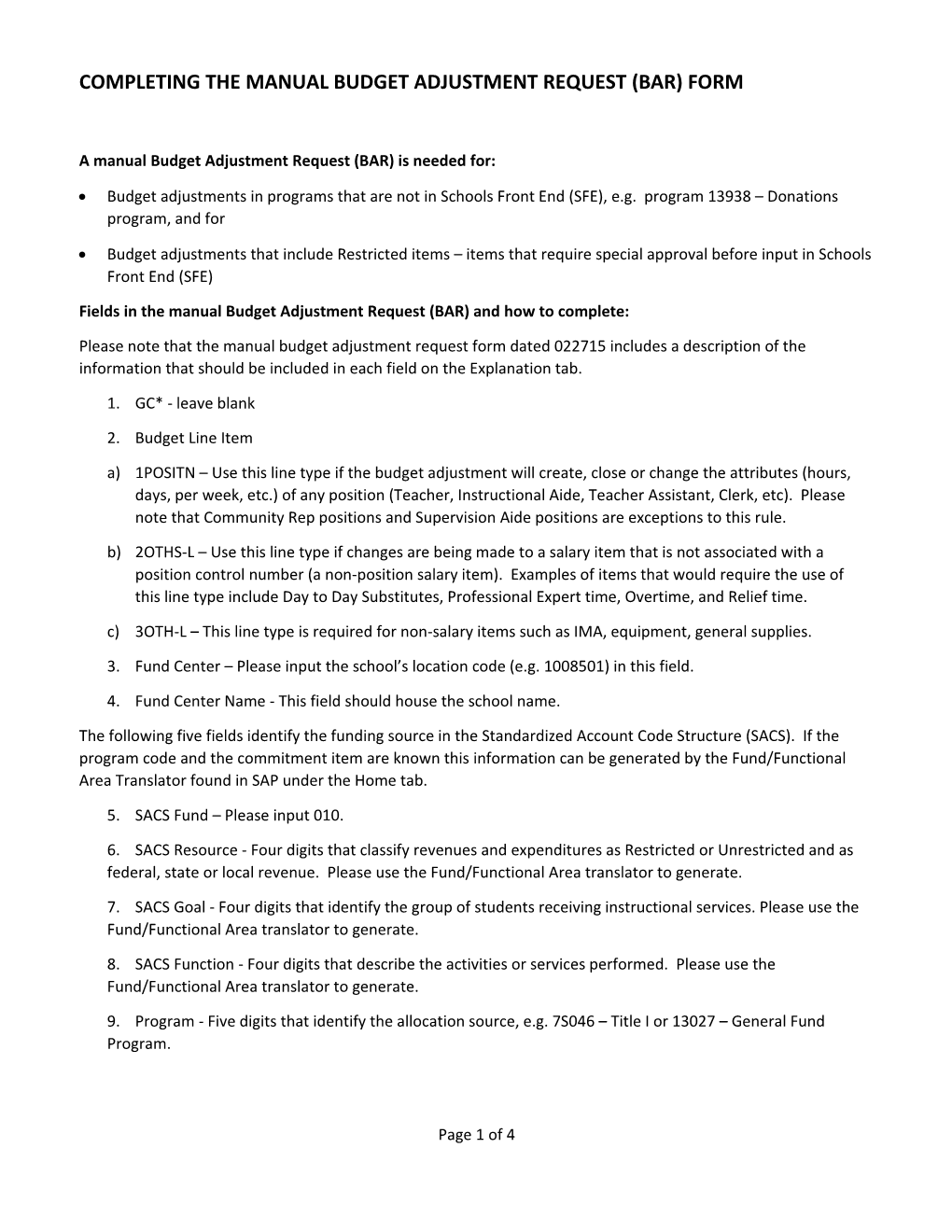 Completing the Manual Budget Adjustment Request (Bar) Form