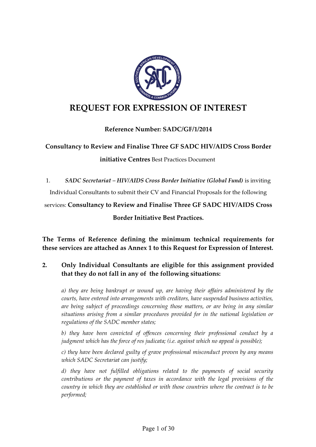 Request for Expression of Interest Number: SADC/GF/1/2014