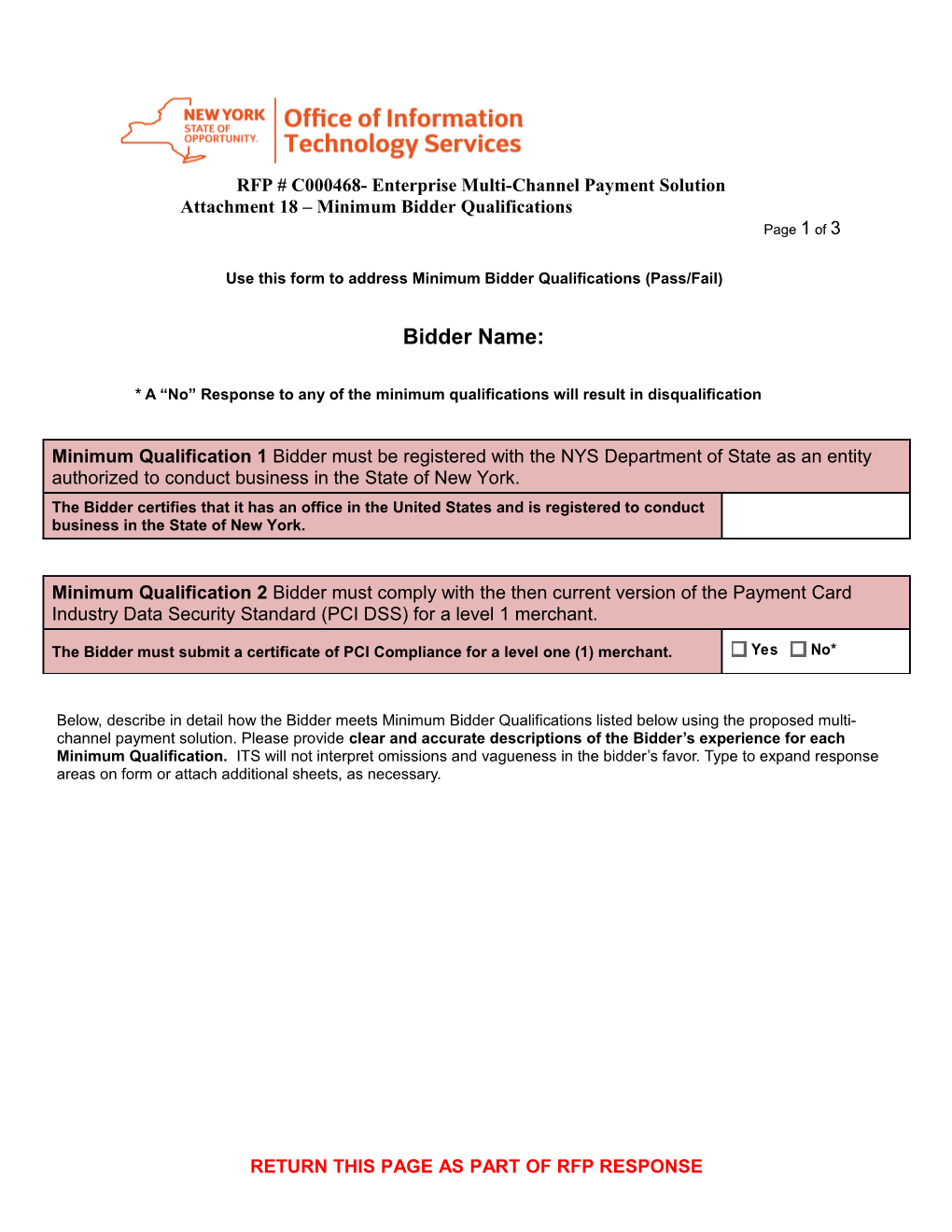 Use This Form to Address Minimum Bidder Qualifications (Pass/Fail)