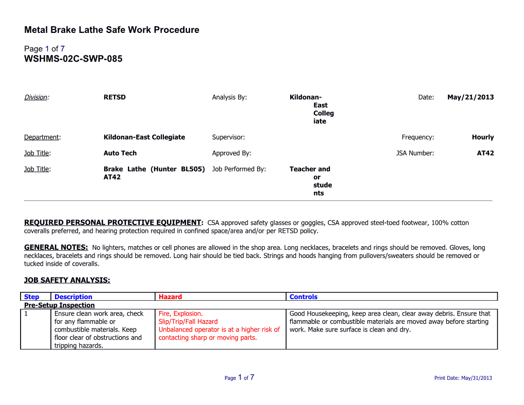 SWP-085 Automotive Brake Lathe Safe Work Procedure
