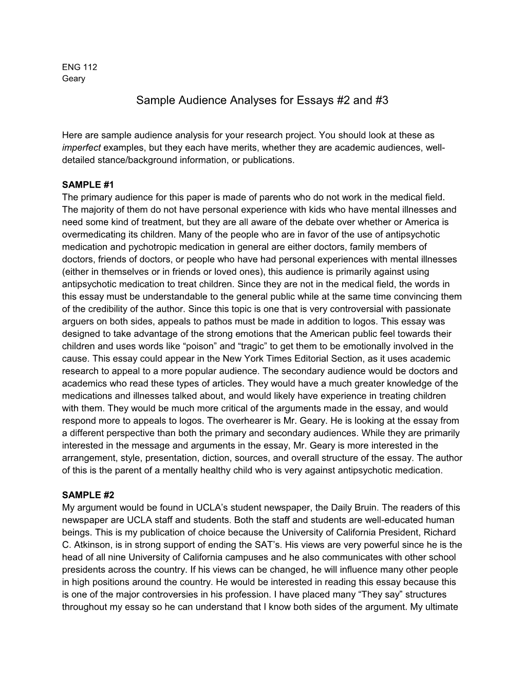 Sample Audience Analyses for Essays #2 and #3