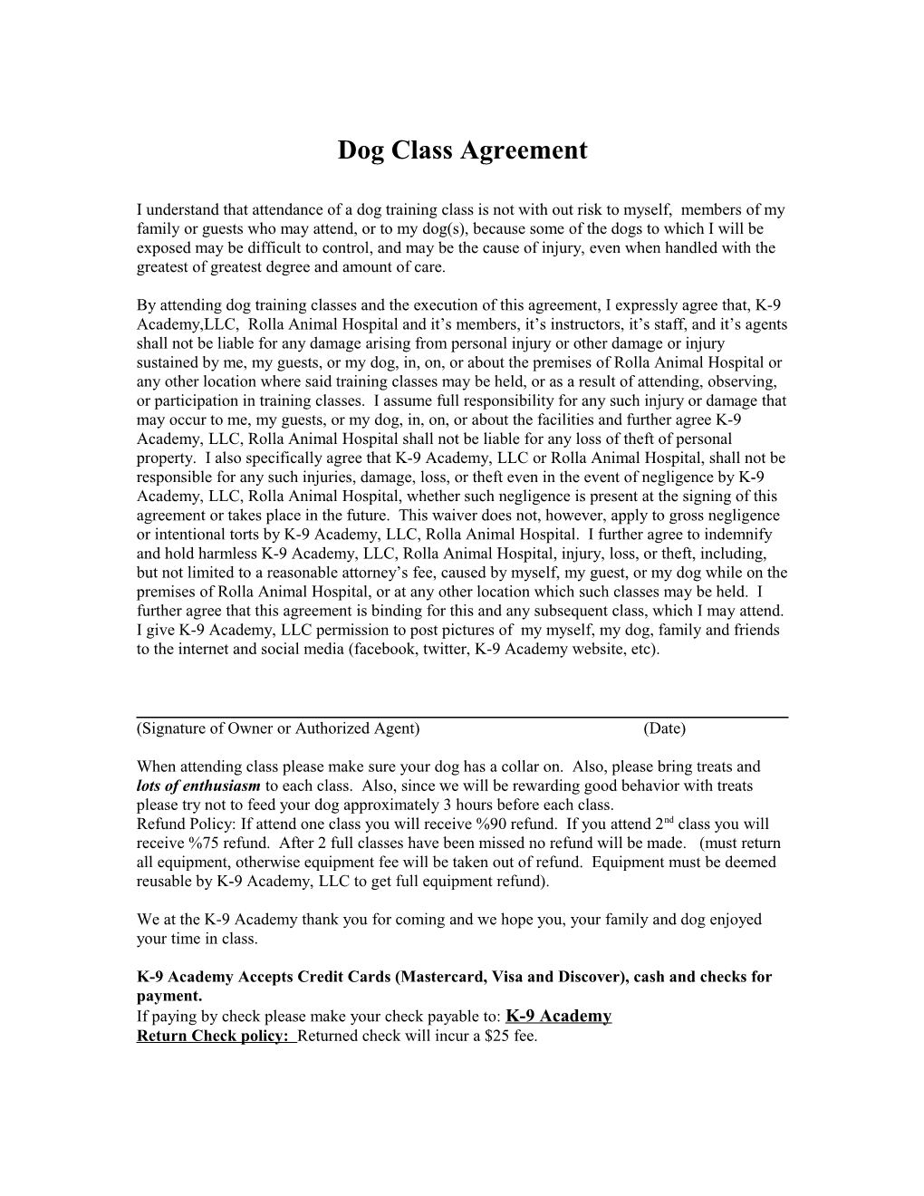 Dog Class Agreement