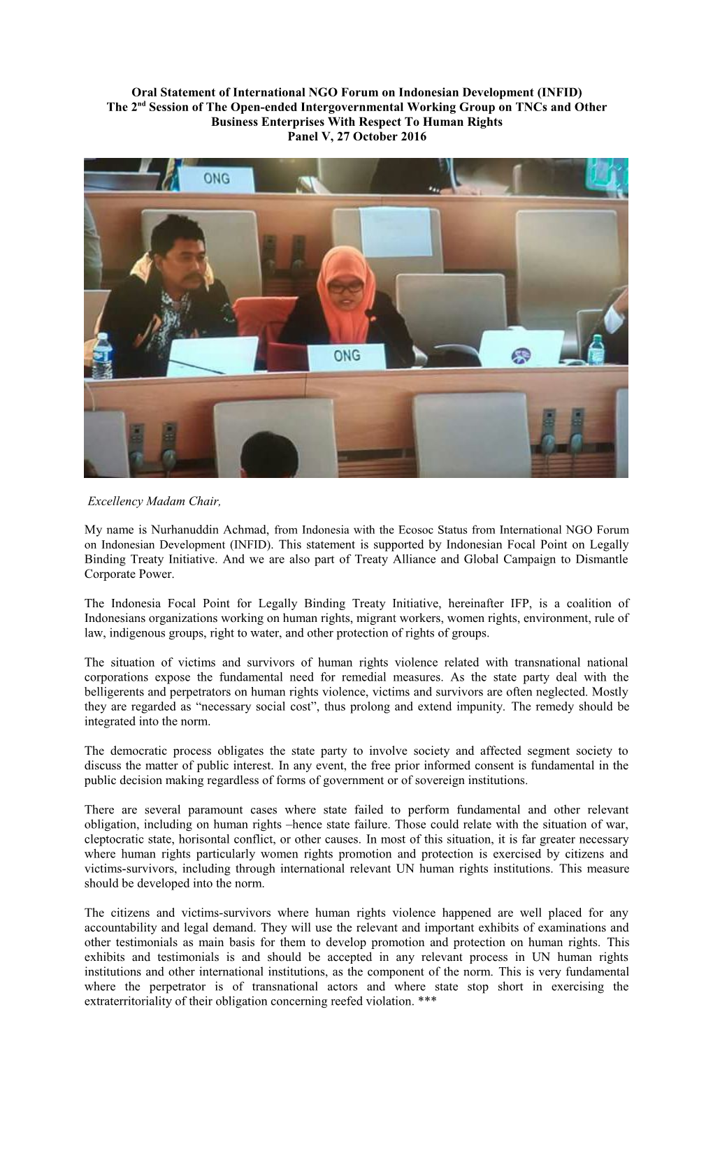 Oral Statement of International NGO Forum on Indonesian Development (INFID)