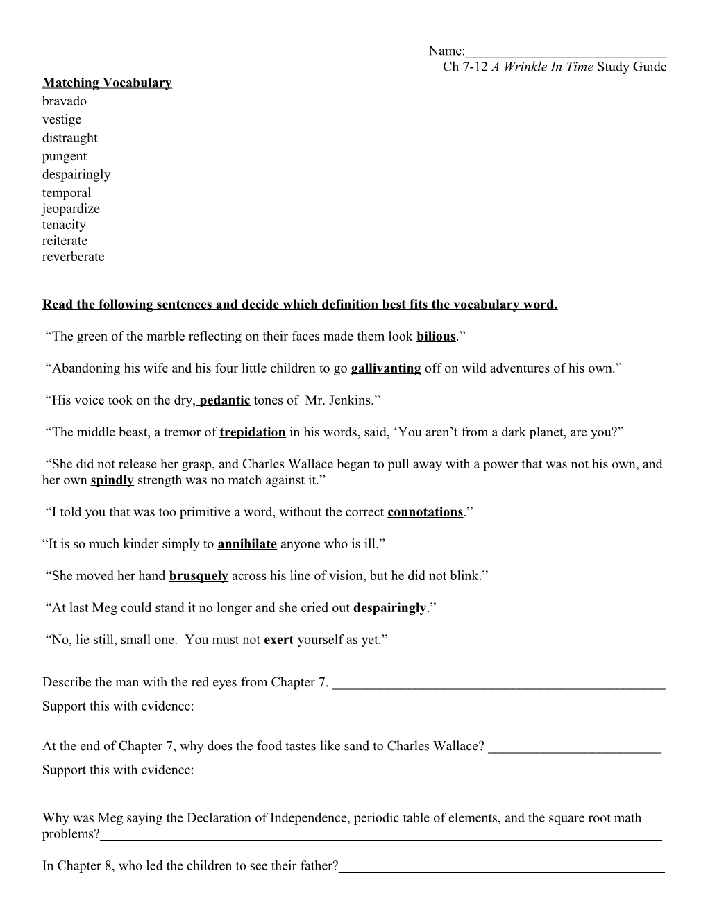 Ch 7-12 a Wrinkle in Time Study Guide