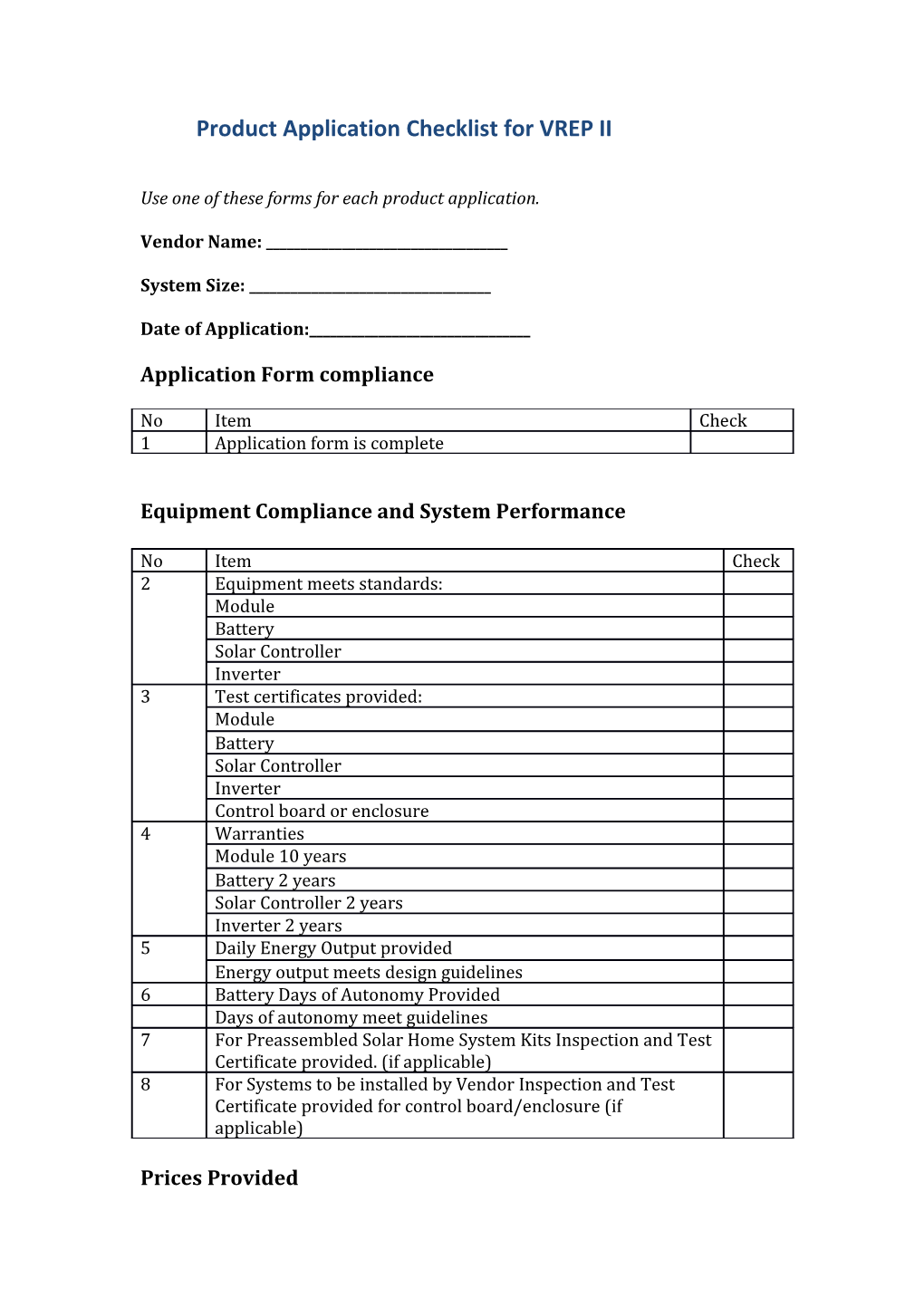 Product Application Checklist for VREP II