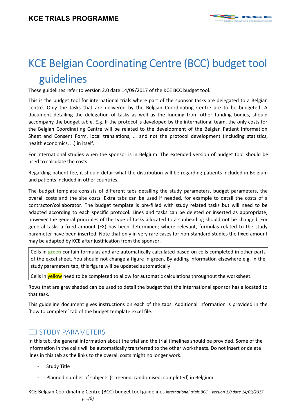 KCE Belgian Coordinating Centre (BCC) Budget Tool Guidelines