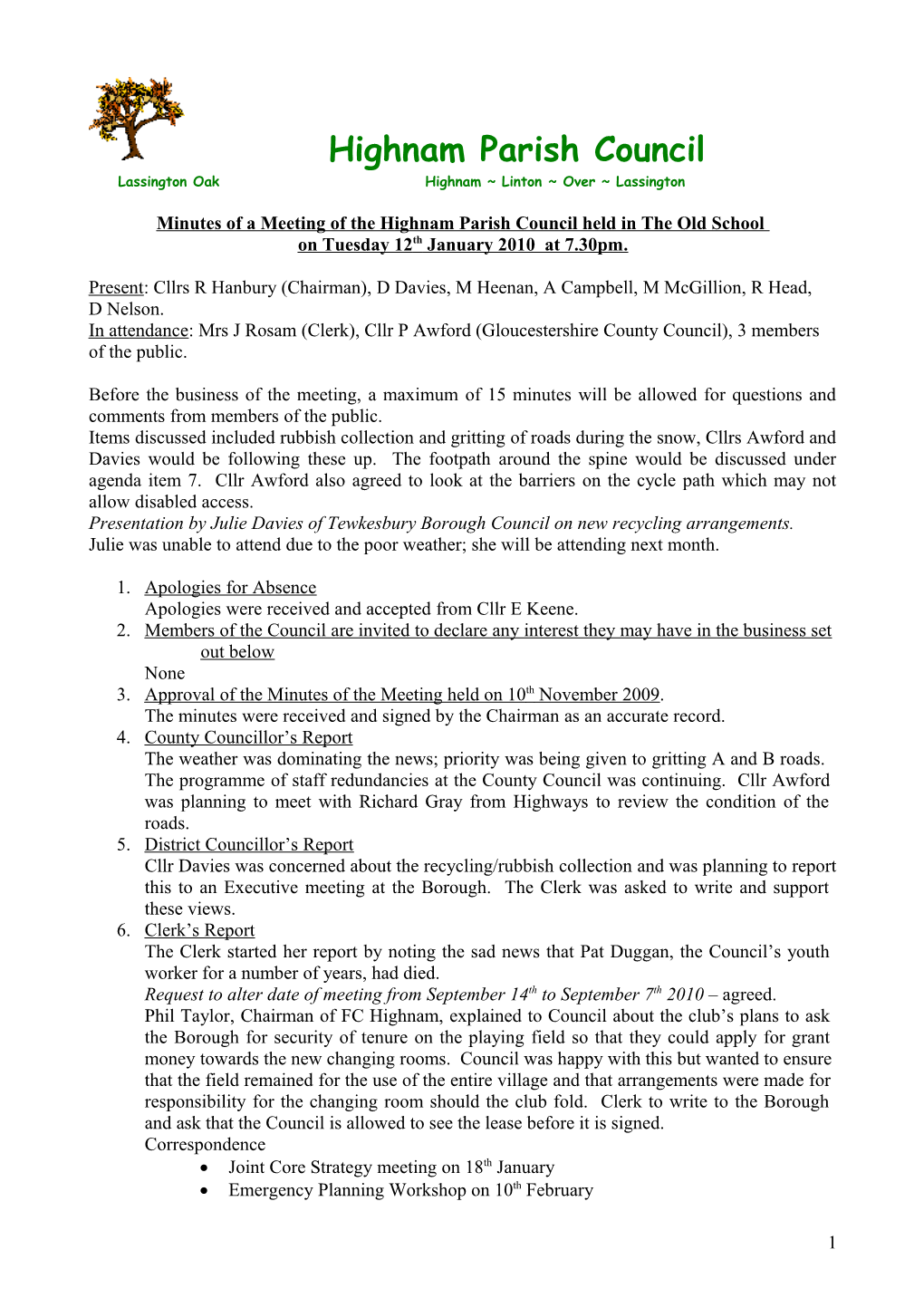 Minutes Ofa Meeting of the Highnam Parish Council Held in the Old School