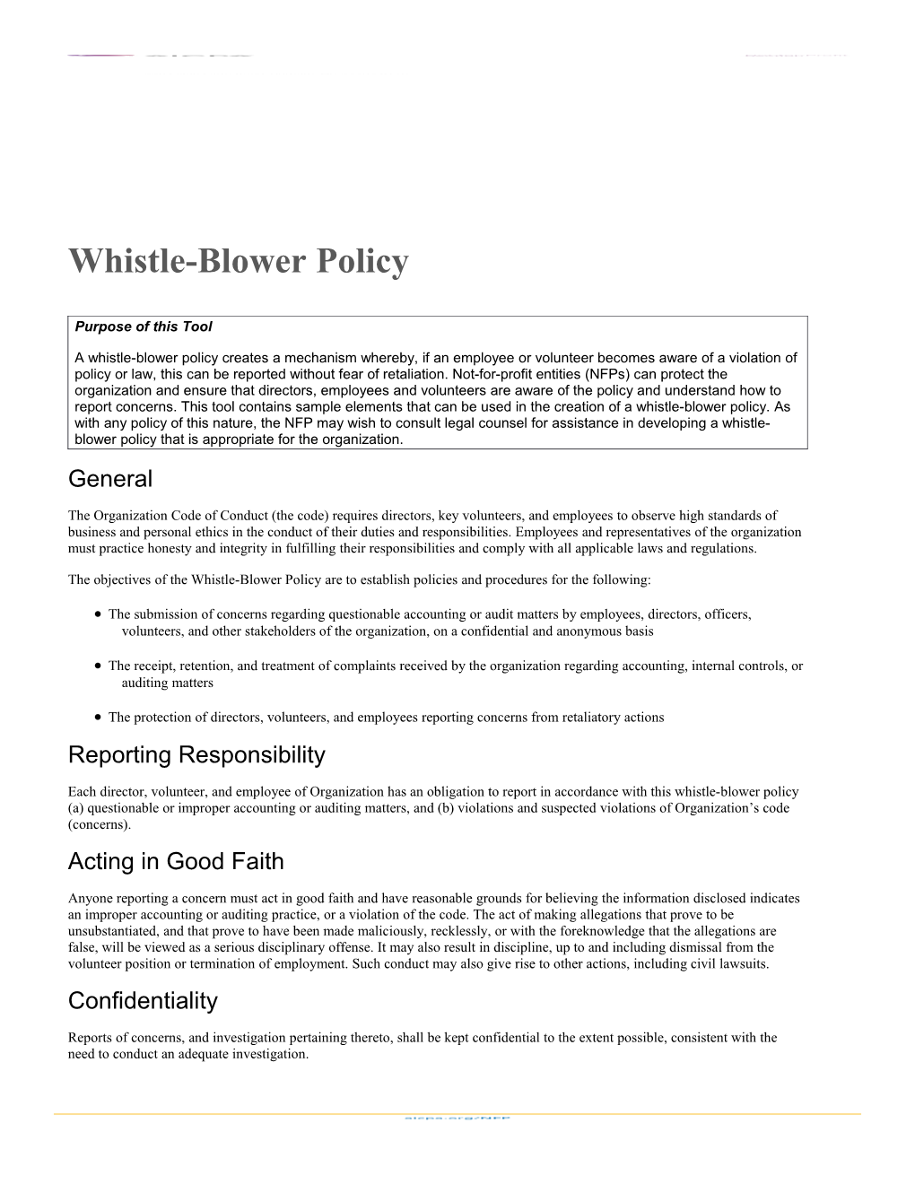 Not-For-Profit Whistle Blower Policy
