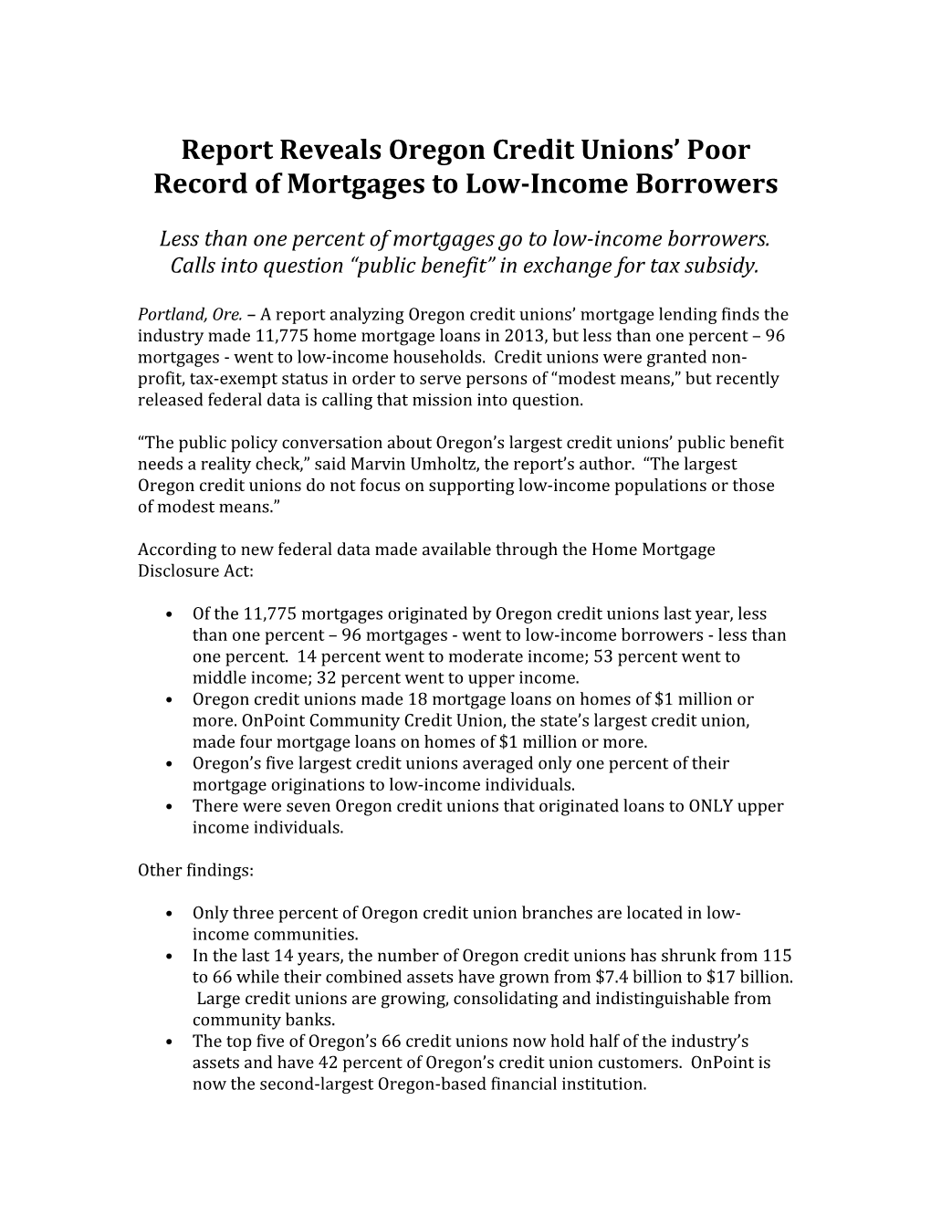 Report Revealsoregon Credit Unions Poor Record of Mortgages to Low-Income Borrowers