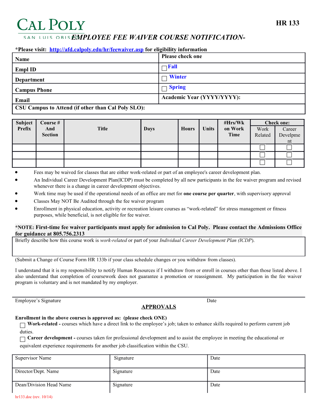 Employee Fee Waiver Course Notification