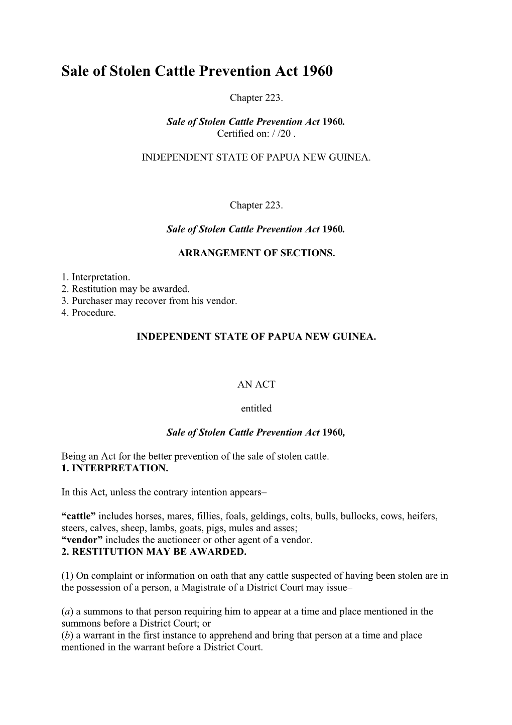 Sale of Stolen Cattle Prevention Act 1960