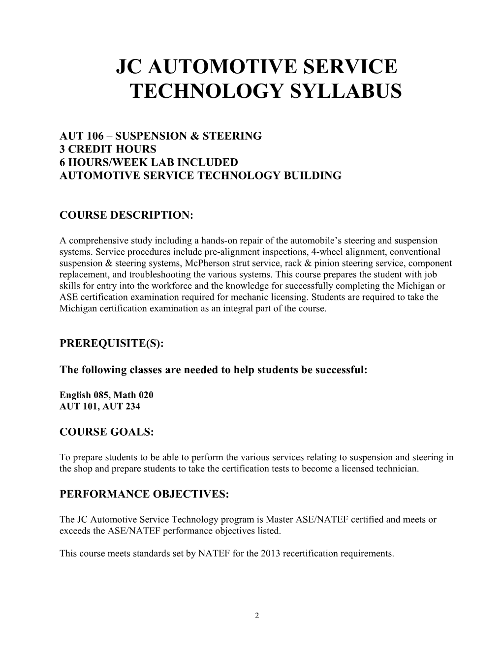 Jc Automotive Service Technology Syllabus