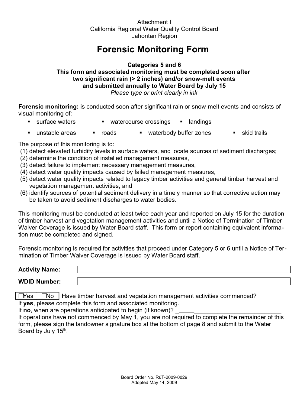 Timber Waiver Forensic Monitoring Form (Categories 5 & 6)Page 1 of 8