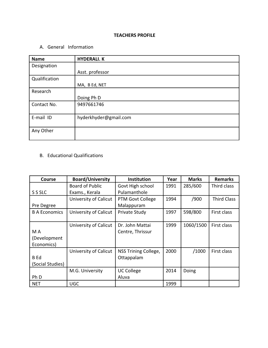 Teachers Profile