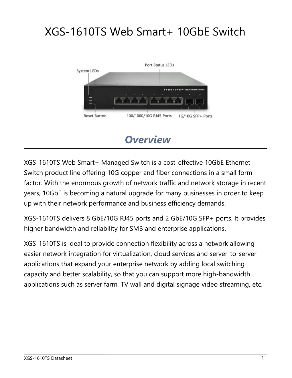 XGS-1610TS Web Smart+ 10Gbe Switch