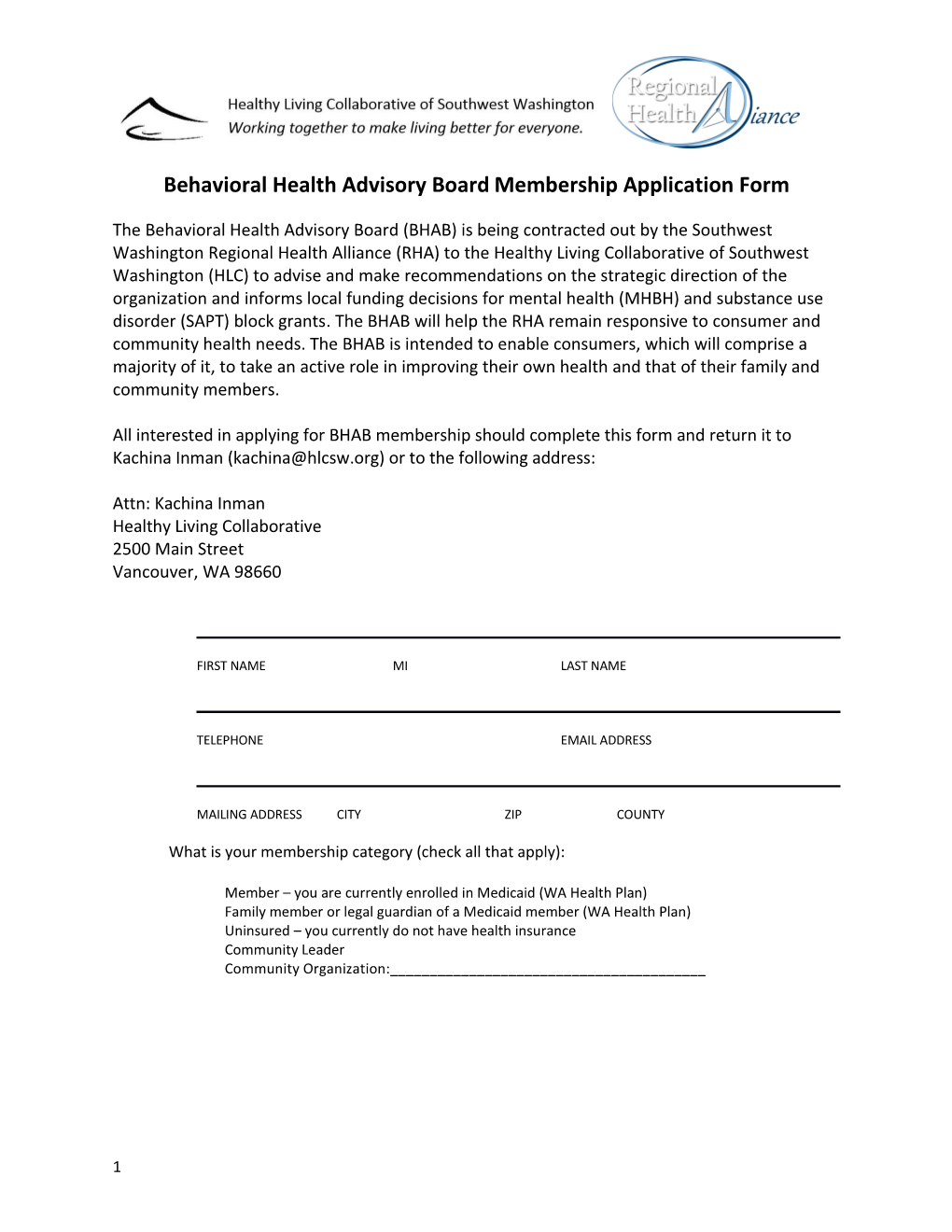 Behavioral Health Advisory Boardmembership Application Form